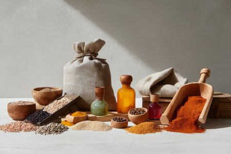 Assorted spices and grains with wooden containers and burlap sacks in natural light.の素材