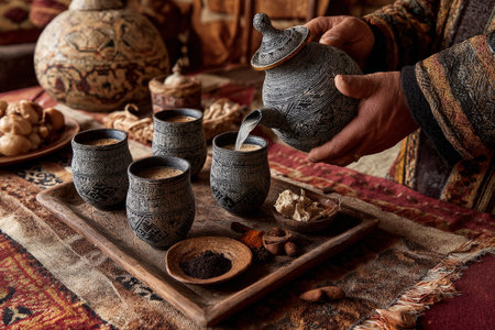 Traditional middle eastern coffee ceremony with intricately designed pottery and spices.の素材