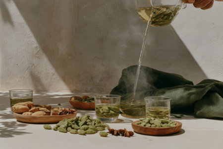 Herbal tea preparation with assorted dried ingredients in sunny setting.の素材