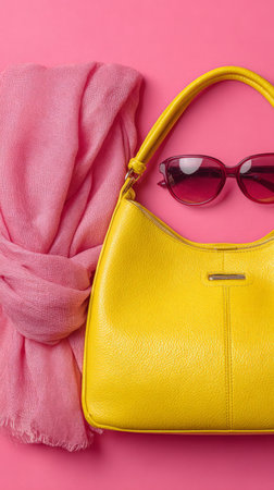 Bright yellow handbag with pink scarf and sunglasses on pink background.の素材