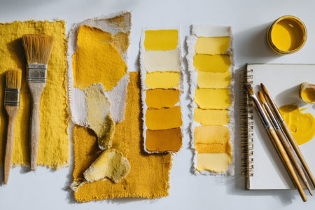 Yellow paint swatches and brushes on creative workspace.の素材