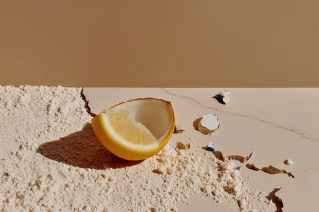 Half lemon with powder and cracked eggshell on marbled surface.の素材