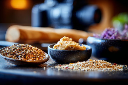 Assorted spices and paste in rustic kitchen setting with camera in background.の素材