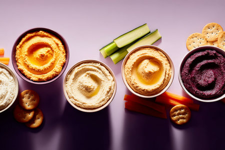 Colorful assorted hummus and vegetables on purple background.の素材