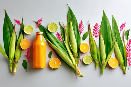 Fresh corn, citrus, and tropical leaves with bright orange juice bottle on gray background.の素材