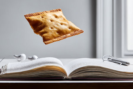 Suspended pastry above open book in minimalist setting.の素材