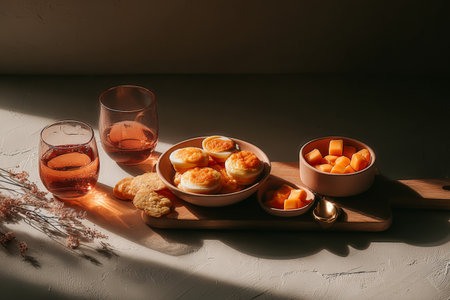 Elegant breakfast setting with pastry, fruit, and glasses of rosの素材