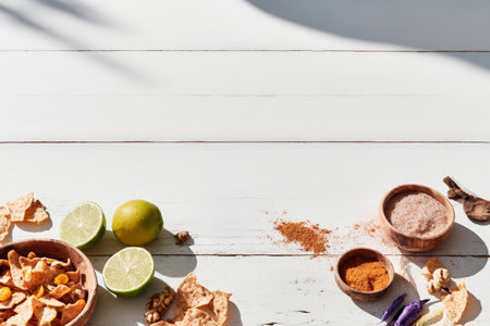 Healthy snack ingredients on white wooden table with spices lime and nuts.の素材