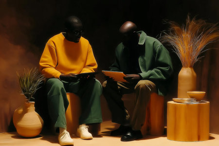 Two african adult males discussing project with tablets in stylish modern setting.の素材