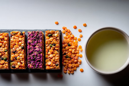 Assorted lentil bars and broth on slate with spilled split peas.の素材