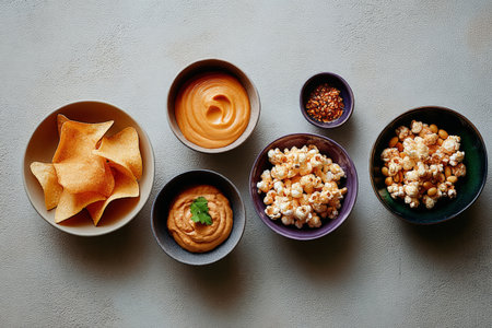 Assorted snacks with chips, sauces, popcorn, and nuts on textured surface.の素材