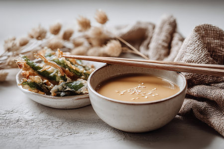 Crispy tempura vegetables with dipping sauce and chopsticks on rustic table.の素材