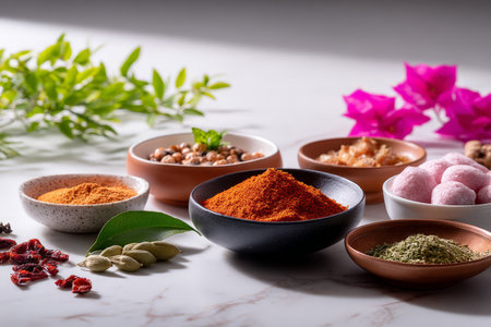 Colorful assortment of spices and ingredients on marble surface.の素材