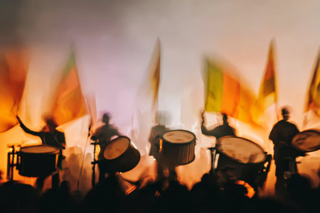 Energetic parade with drummers and flags in vibrant night atmosphere.の素材