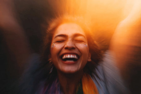 Joyful young asian female celebrating with glitter during sunset.の素材