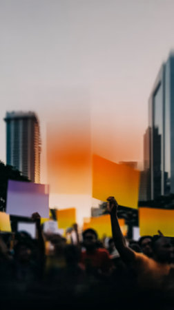 Diverse crowd protesting at sunset with colorful signs in urban environment.の素材