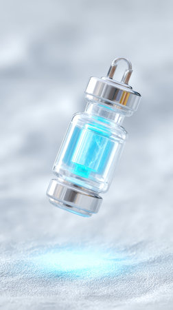 Futuristic vial with glowing blue liquid floating in silver capsule.の素材