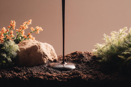Rich chocolate syrup pouring on soil with flowers and rocks.の素材