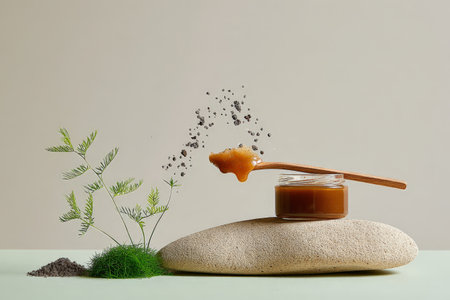 Natural honey in wooden spoon with pebble and greenery on minimalist background.の素材