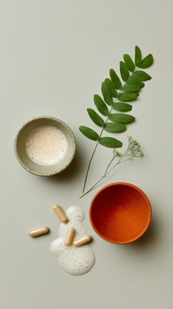 Natural skincare ingredients with leaf, bowls, bubbles, and capsules on neutral background.の素材