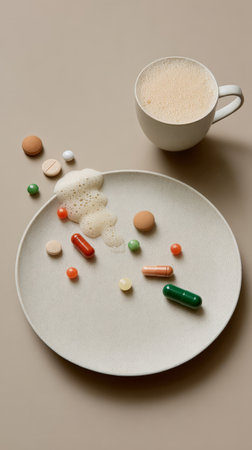 Assorted pills and coffee on beige surface with spilled foam.の素材