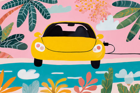 Colorful electric car art with tropical leaves on pink background.の素材