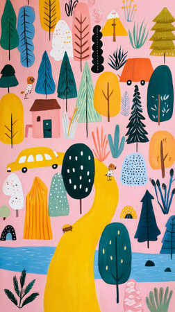 Colorful whimsical landscape with pink background and abstract trees.の素材