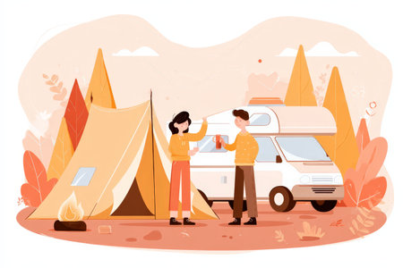Young caucasian couple enjoying camping trip with tent and camper van in autumn landscape.の素材