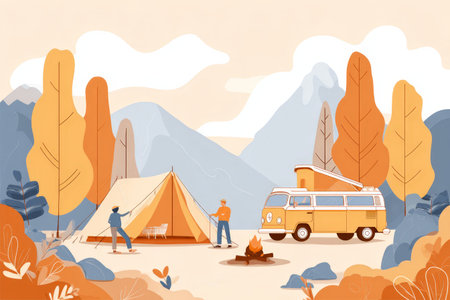 Autumn camping adventure with tent and vintage van in scenic mountain landscape.の素材