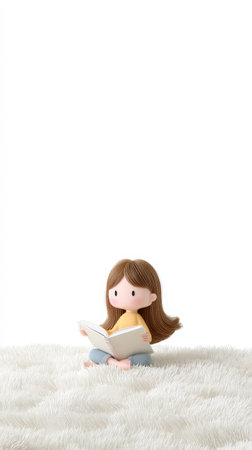 Cute illustration of young girl reading on soft carpet.の素材