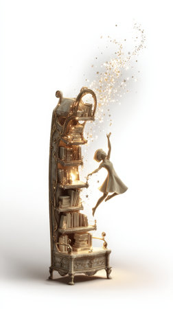 Enchanted bookshelf with girl and magical lights.の素材