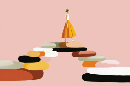 Woman in orange skirt walking across abstract steps on pink background.の素材