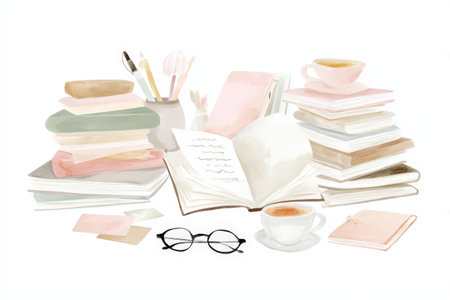 Cozy study scene with books, notebooks, glasses, and coffee.の素材