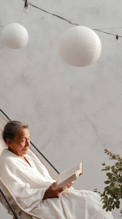 Elderly female reading in peaceful hammock ambiance with soft lighting and paper lanterns.の素材