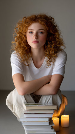 Young caucasian female with curly red hair sitting by books and candles.の素材