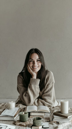 Young hispanic female relaxing with books and candles in cozy setting.の素材