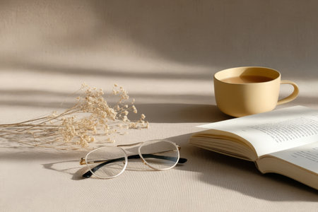 Cozy morning with open book, coffee cup, glasses, and dried flowers in soft sunlight.の素材