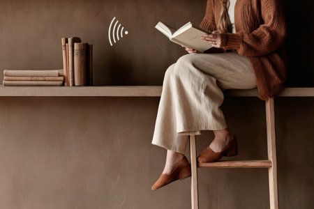 Female reading book on ladder shelf with books in cozy neutral setting.の素材