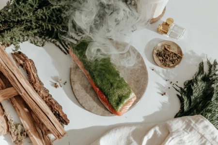 Smoked salmon fillet with herbs and aromatic spices on rustic plate.の素材