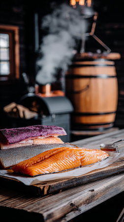 Smoked salmon fillets with barrels in rustic kitchen setting.の素材