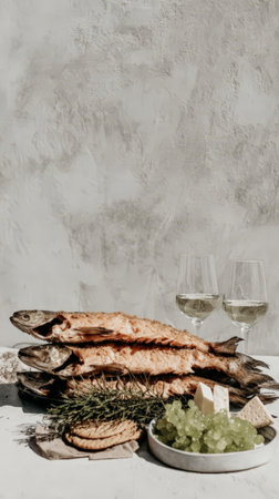 Grilled fish with cheese, green grapes, crackers and white wine on rustic table.の素材