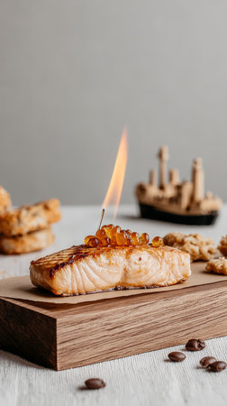 Gourmet grilled salmon with caviar garnish and rustic bread on wooden platter.の素材