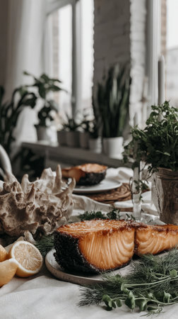 Delicious grilled salmon with fresh herbs on elegant table setting.の素材