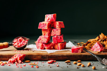 Stacked pink nougat pieces with almonds and cinnamon on wooden board.の素材