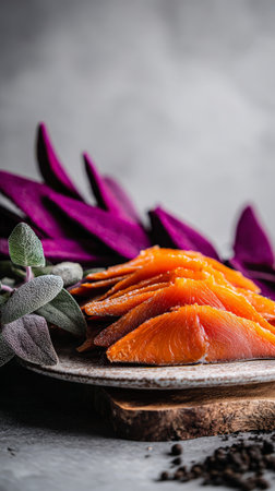 Slices of smoked salmon with purple sweet potatoes and sage leaves on ceramic plate.の素材