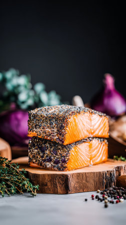 Raw salmon fillets with poppy seeds and herbs on rustic wooden board.の素材