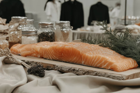 Fresh salmon fillet on rustic wooden board with seasoning jars and herbs.の素材