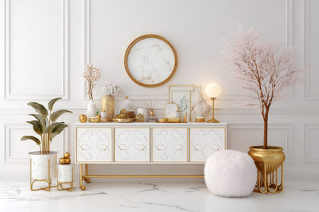 Elegant white and gold interior decor with marble accents and plants.の素材