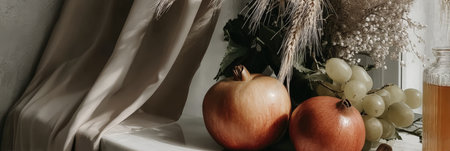 Autumn harvest still life with pomegranates, grapes, and wheat by sunny window.の素材