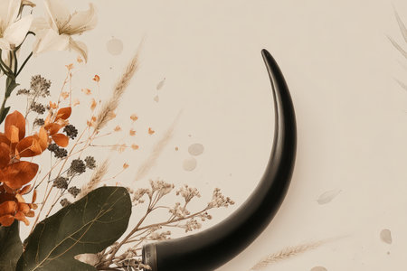 Elegant floral arrangement with decorative horn and autumn leaves.の素材